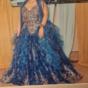 Blue Ruffled Maxi Gown with Embellished Bodice